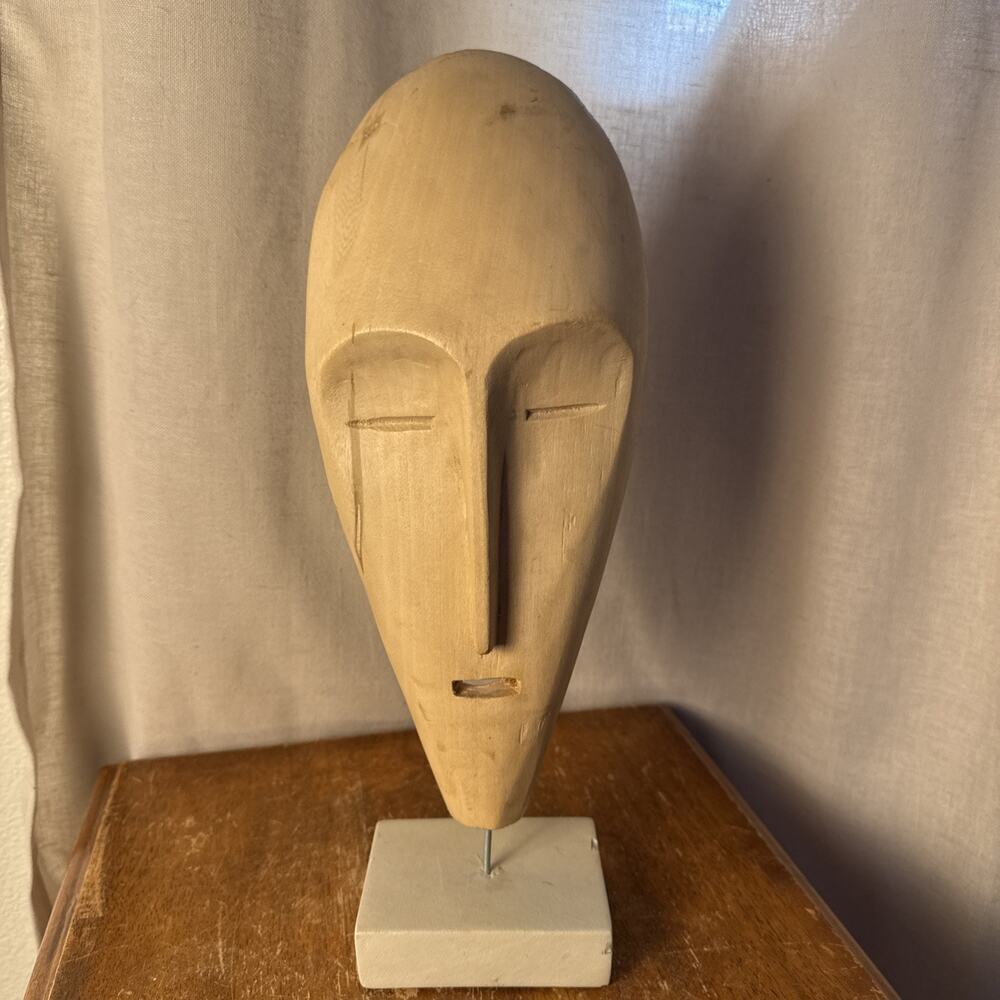Vtg Hand Carved Wood Mask Head Mask Decor Stone Stand Art Sculpture Statue 14” - Picture 10 of 16